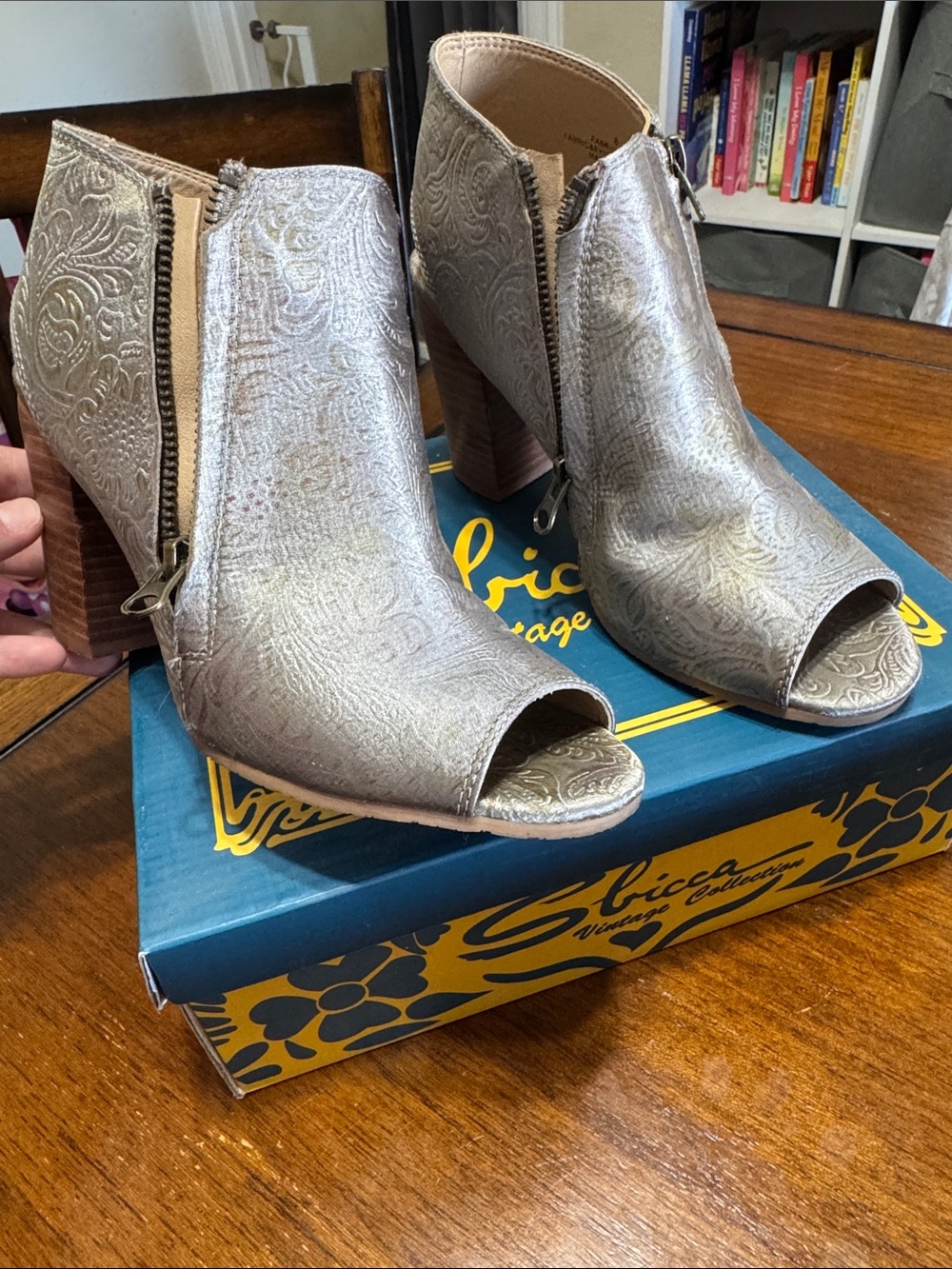 Sbicca-Metallic Embossed Peep-Toe Ankle Booties - Silver